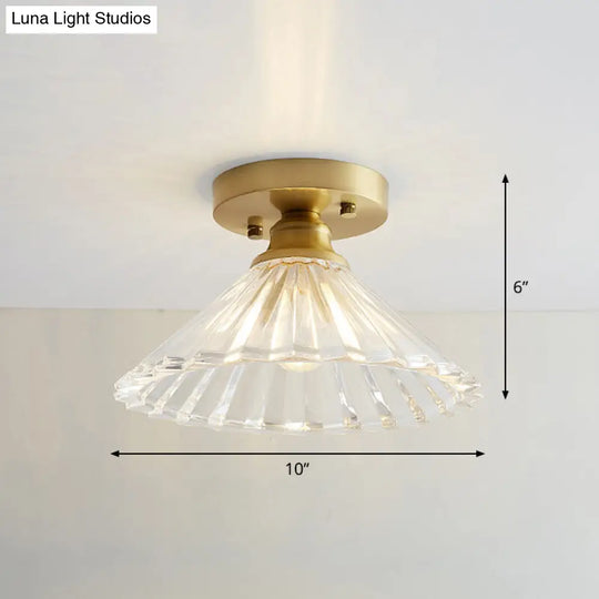 Brass Semi Flush Mount Ceiling Light For Aisle: Textured Glass 1-Light Industrial Style