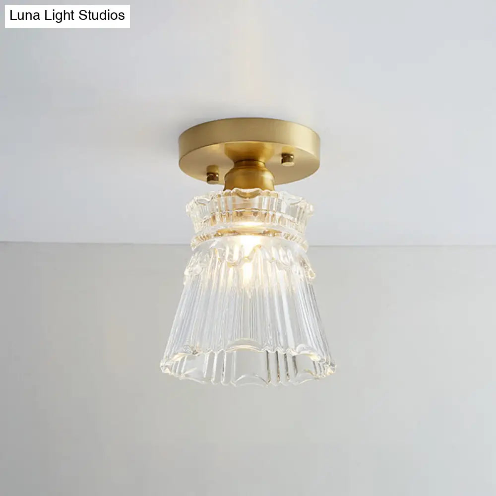 Brass Semi Flush Mount Ceiling Light For Aisle: Textured Glass 1-Light Industrial Style / Flared