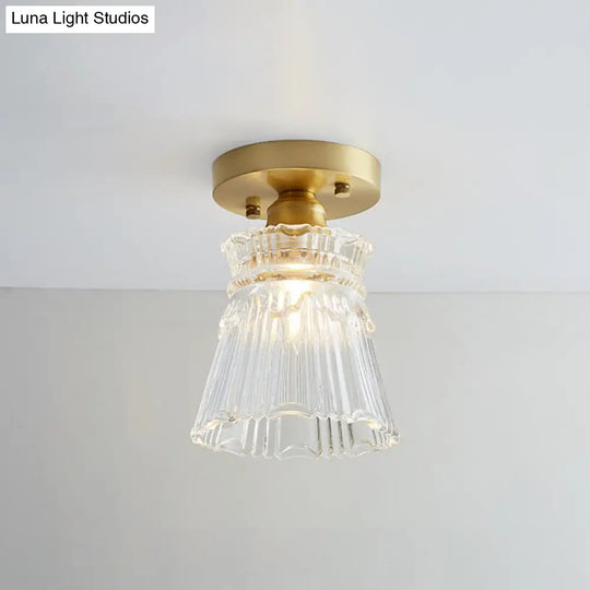 Brass Semi Flush Mount Ceiling Light For Aisle: Textured Glass 1-Light Industrial Style / Flared