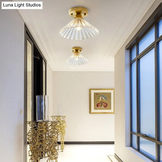 Brass Semi Flush Mount Ceiling Light For Aisle: Textured Glass 1-Light Industrial Style