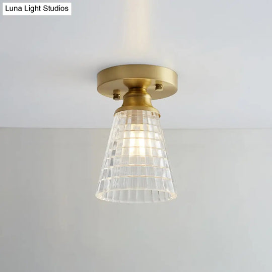 Brass Semi Flush Mount Ceiling Light For Aisle: Textured Glass 1-Light Industrial Style / Trumpet