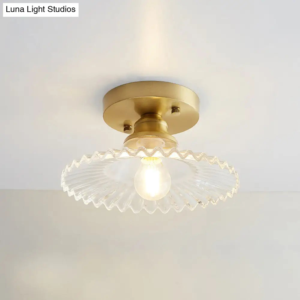 Brass Semi Flush Mount Ceiling Light For Aisle: Textured Glass 1-Light Industrial Style / Wavy