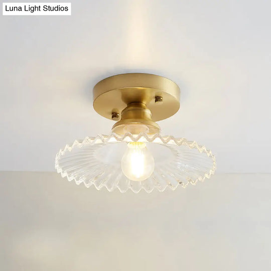 Brass Semi Flush Mount Ceiling Light For Aisle: Textured Glass 1-Light Industrial Style / Wavy