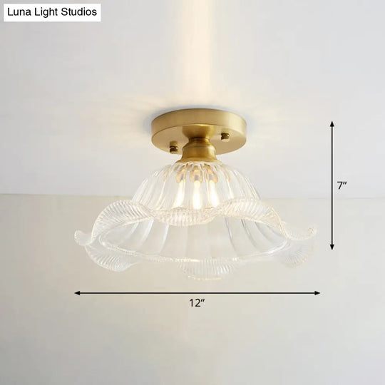 Brass Semi Flush Mount Ceiling Light For Aisle: Textured Glass 1-Light Industrial Style