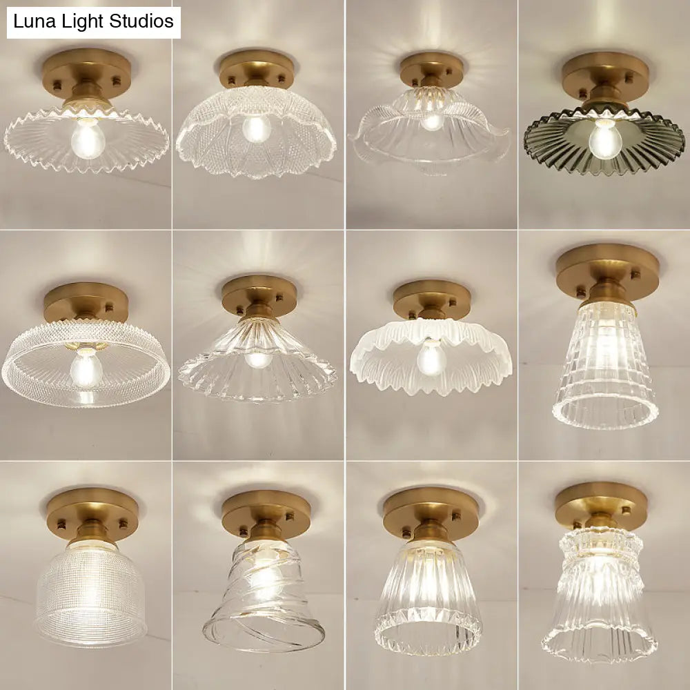 Brass Semi Flush Mount Ceiling Light For Aisle: Textured Glass 1 - Light Industrial Style