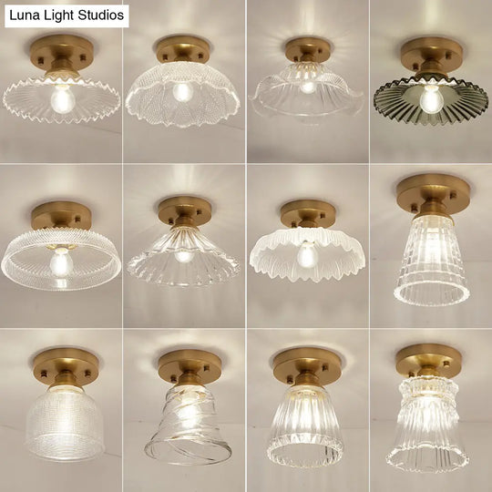 Brass Semi Flush Mount Ceiling Light For Aisle: Textured Glass 1 - Light Industrial Style