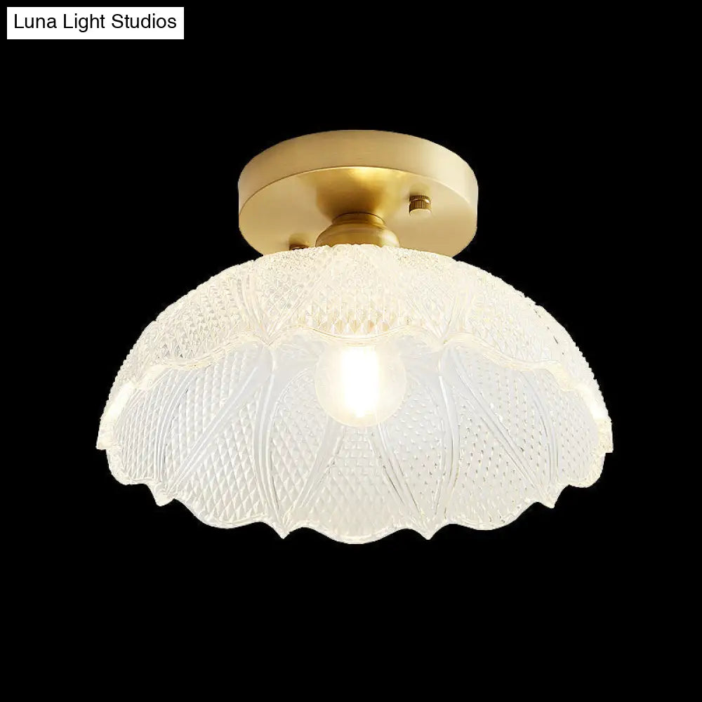 Brass Semi Flush Mount Ceiling Light For Aisle: Textured Glass 1-Light Industrial Style