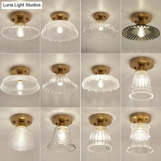 Brass Semi Flush Mount Ceiling Light For Aisle: Textured Glass 1-Light Industrial Style