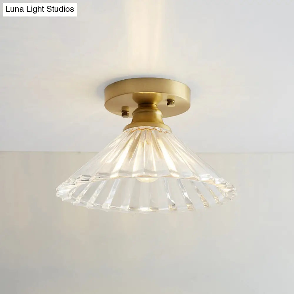 Brass Semi Flush Mount Ceiling Light For Aisle: Textured Glass 1-Light Industrial Style / Cone