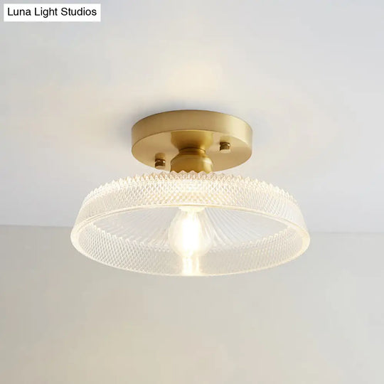 Brass Semi Flush Mount Ceiling Light For Aisle: Textured Glass 1-Light Industrial Style / Round
