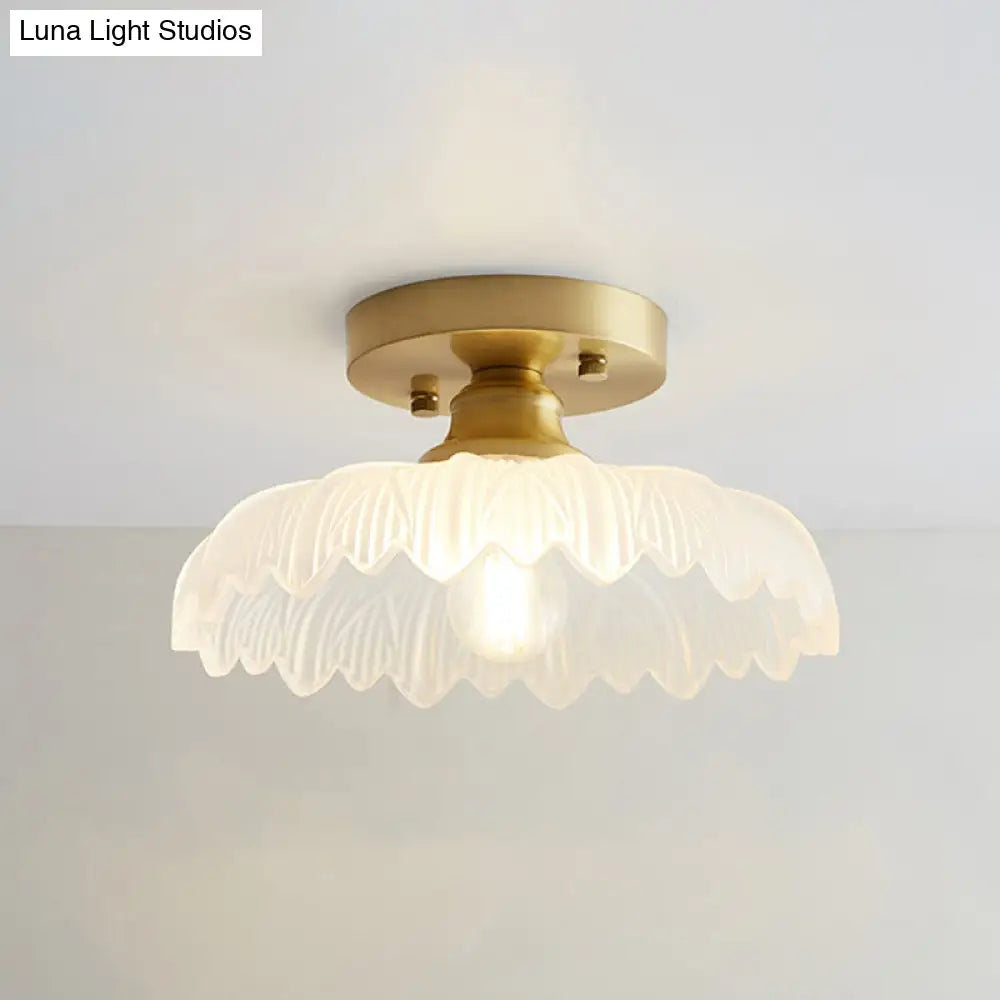 Brass Semi Flush Mount Ceiling Light For Aisle: Textured Glass 1-Light Industrial Style / Flower
