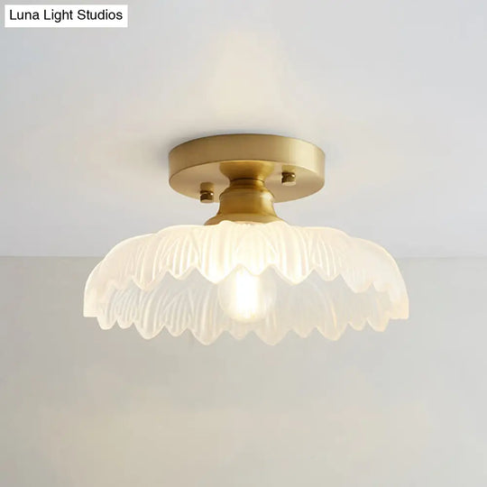 Brass Semi Flush Mount Ceiling Light For Aisle: Textured Glass 1-Light Industrial Style / Flower