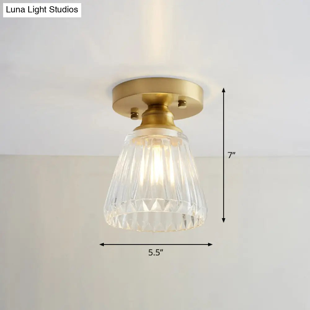 Brass Semi Flush Mount Ceiling Light For Aisle: Textured Glass 1-Light Industrial Style