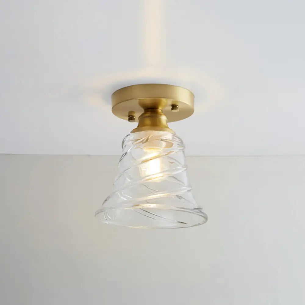 Brass Semi Flush Mount Ceiling Light For Aisle: Textured Glass 1 - Light Industrial Style / Bell