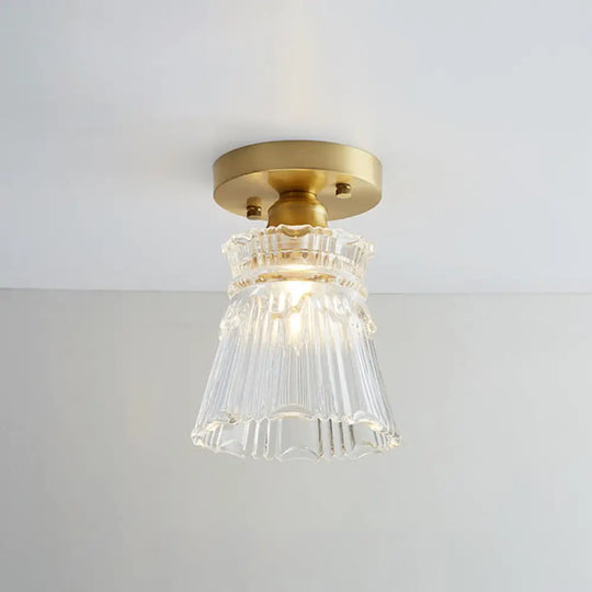 Brass Semi Flush Mount Ceiling Light For Aisle: Textured Glass 1 - Light Industrial Style / Flared