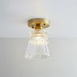 Brass Semi Flush Mount Ceiling Light For Aisle: Textured Glass 1 - Light Industrial Style / Flared