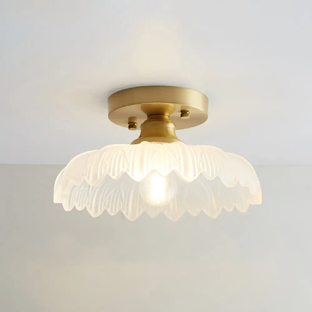 Brass Semi Flush Mount Ceiling Light For Aisle: Textured Glass 1 - Light Industrial Style / Flower