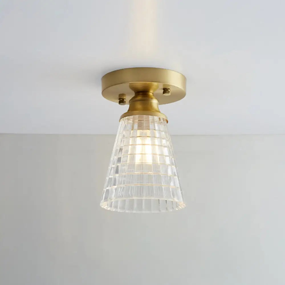 Brass Semi Flush Mount Ceiling Light For Aisle: Textured Glass 1 - Light Industrial Style / Trumpet