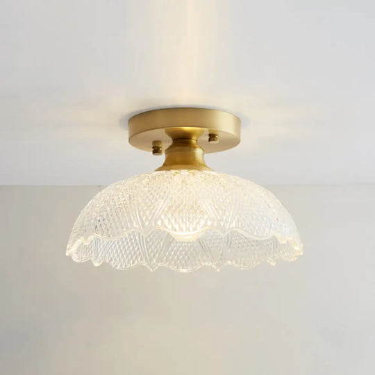 Brass Semi Flush Mount Ceiling Light For Aisle: Textured Glass 1 - Light Industrial Style / Umbrella
