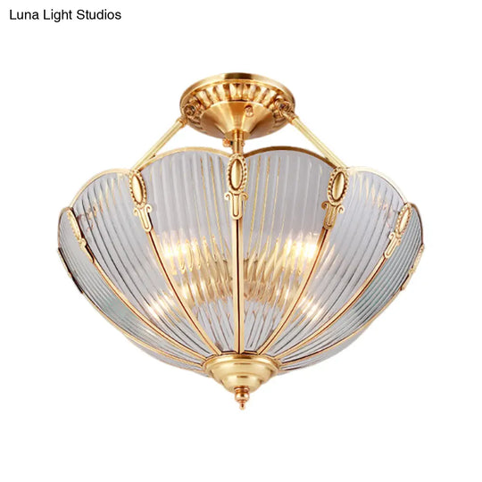 Brass Semi Flush Mount Ceiling Light With Ribbed Glass Shades For Dining Room