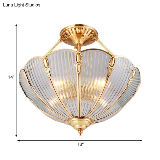 Brass Semi Flush Mount Ceiling Light With Ribbed Glass Shades For Dining Room