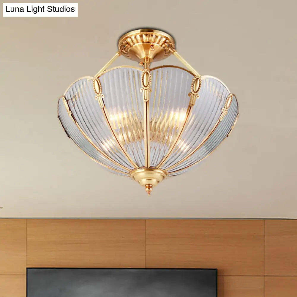 Brass Semi Flush Mount Ceiling Light With Ribbed Glass Shades For Dining Room