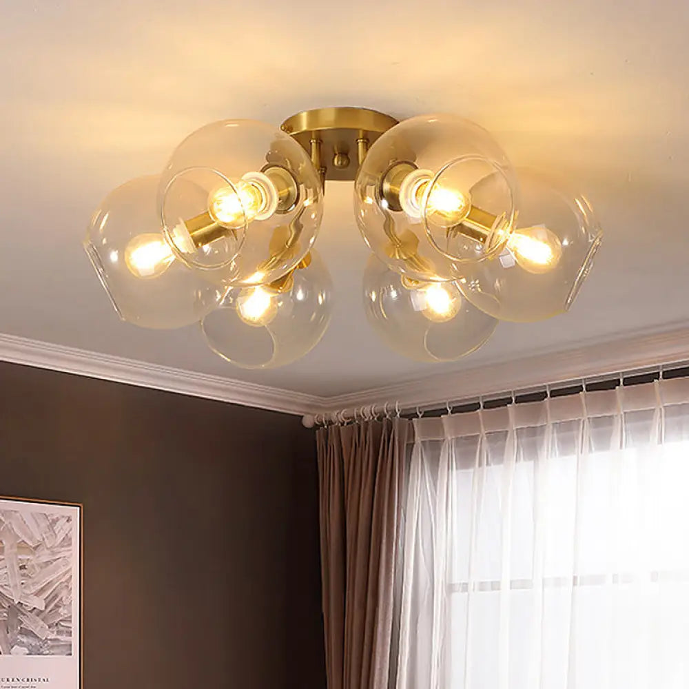 Brass Semi Flush Mount Chandelier: Vintage Clear Glass Ceiling Light With 6 Heads For Parlor