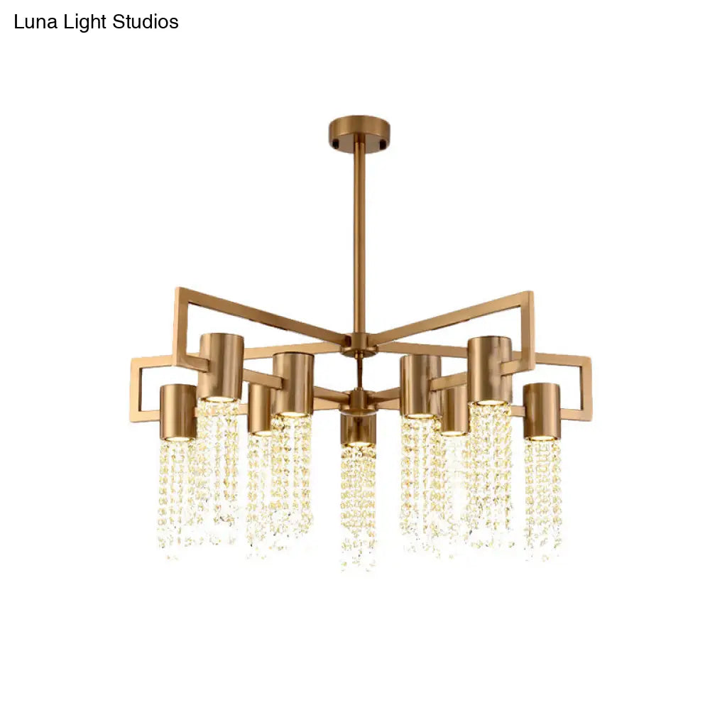 Brass Semi - Flush Mount Chandelier With 10 Crystal Fringe Lights