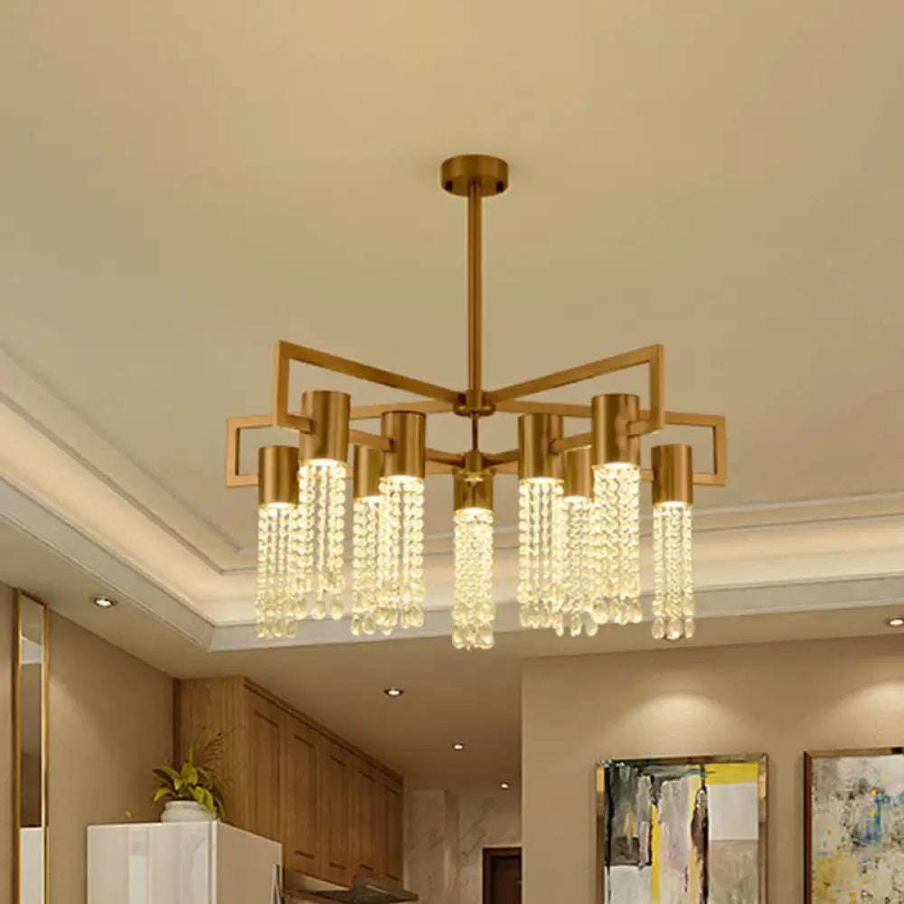 Brass Semi - Flush Mount Chandelier With 10 Crystal Fringe Lights