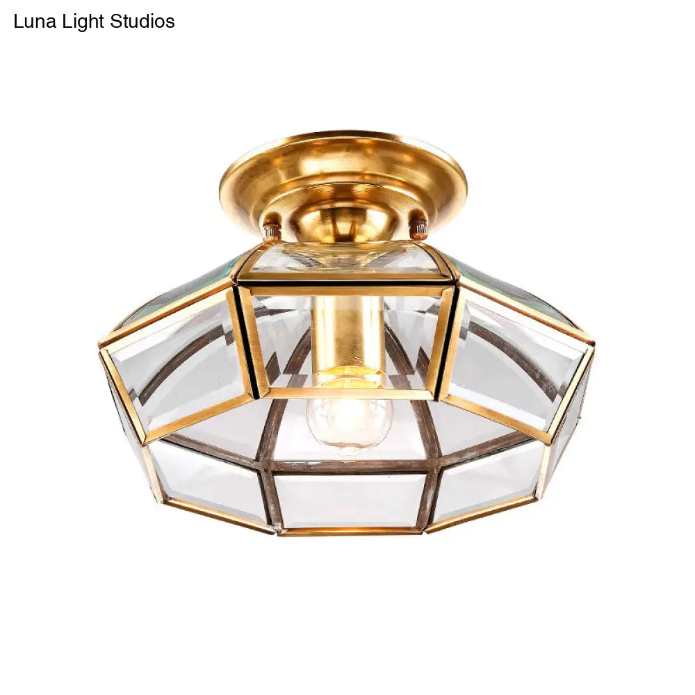 Brass Semi Flush Mount Clear Glass Ceiling Light For Living Room