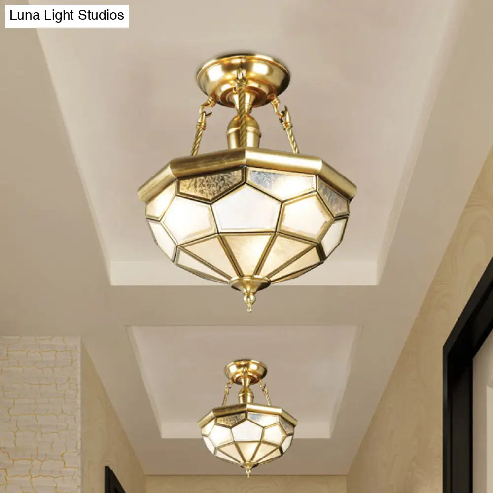 Brass Semi Flush Mount Sandblasted Glass Dome Ceiling Fixture For Dining Room- 3/4 Heads