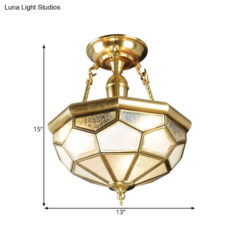 Brass Semi Flush Mount Sandblasted Glass Dome Ceiling Fixture For Dining Room- 3/4 Heads