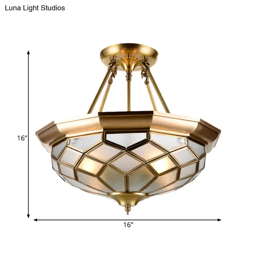 Brass Semi Flush Mount Sandblasted Glass Dome Ceiling Fixture For Dining Room- 3/4 Heads