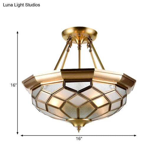 Brass Semi Flush Mount Sandblasted Glass Dome Ceiling Fixture For Dining Room- 3/4 Heads