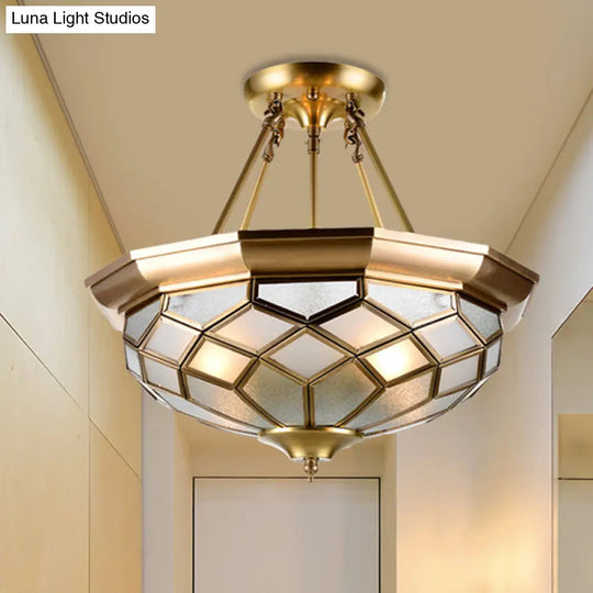 Brass Semi Flush Mount Sandblasted Glass Dome Ceiling Fixture For Dining Room- 3/4 Heads 13/16 Width