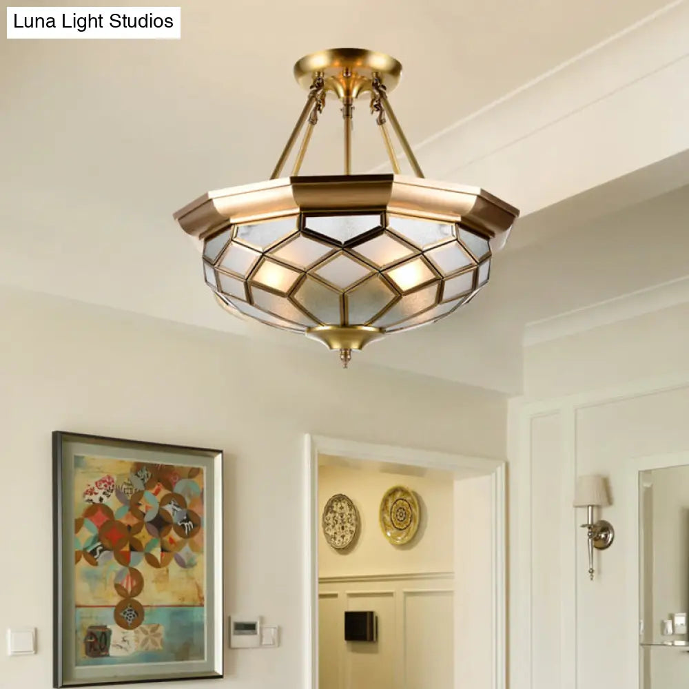 Brass Semi Flush Mount Sandblasted Glass Dome Ceiling Fixture For Dining Room- 3/4 Heads 13/16 Width