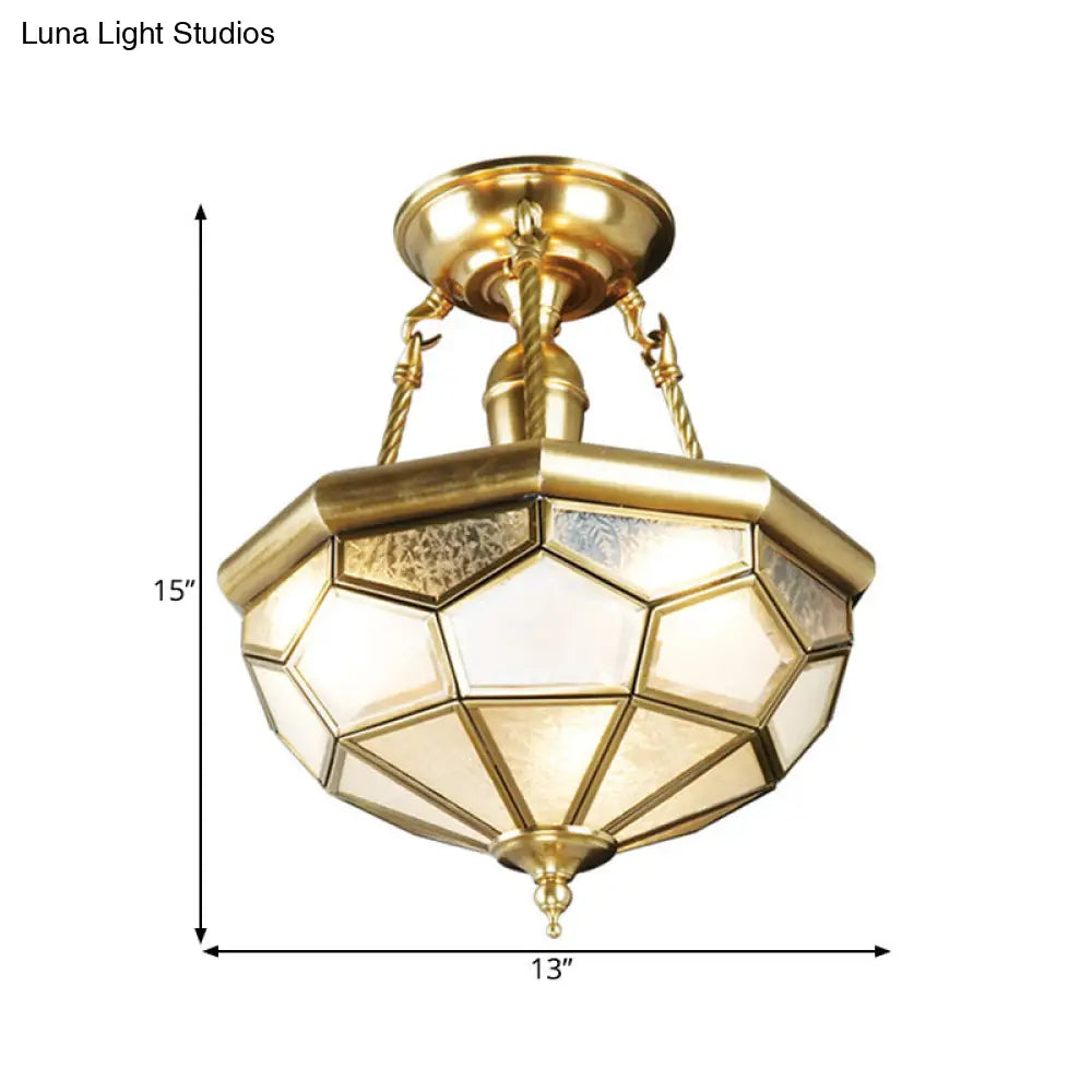 Brass Semi Flush Mount Sandblasted Glass Dome Ceiling Fixture For Dining Room- 3/4 Heads 13/16 Width