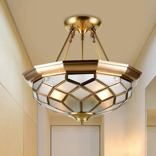 Brass Semi Flush Mount Sandblasted Glass Dome Ceiling Fixture For Dining Room- 3/4 Heads