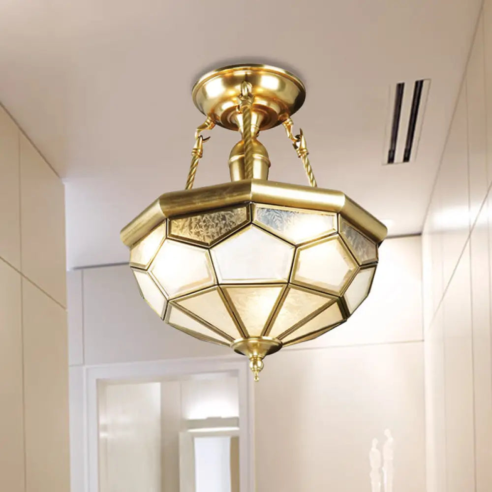 Brass Semi Flush Mount Sandblasted Glass Dome Ceiling Fixture For Dining Room- 3/4 Heads