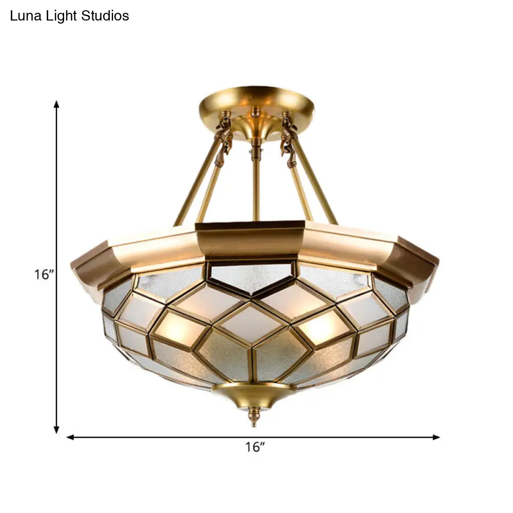 Brass Semi Flush Mount Sandblasted Glass Dome Ceiling Fixture For Dining Room- 3/4 Heads 13/16 Width