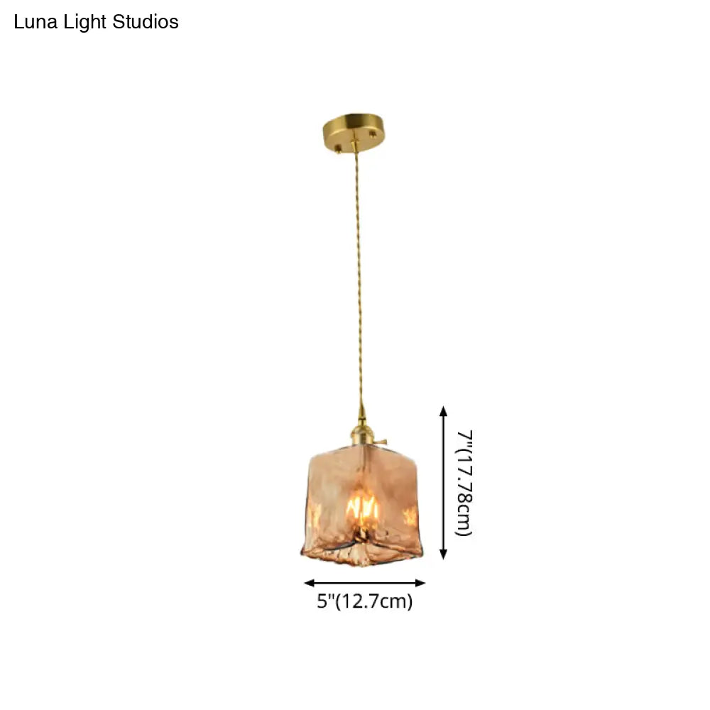 Brass Shaded Drop Pendant Vintage Handmade Tan Glass 1-Bulb Living Room Pendulum Light