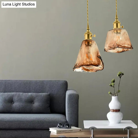 Brass Shaded Drop Pendant Vintage Handmade Tan Glass 1-Bulb Living Room Pendulum Light