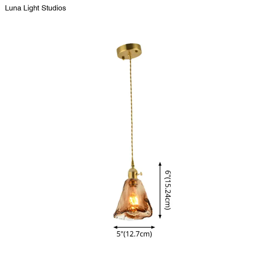 Brass Shaded Drop Pendant Vintage Handmade Tan Glass 1-Bulb Living Room Pendulum Light