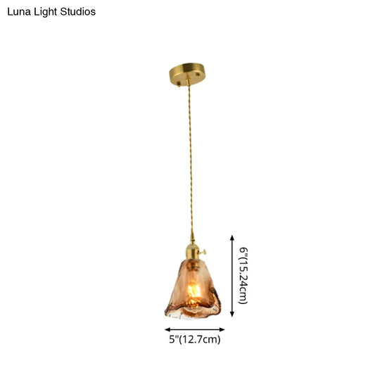 Brass Shaded Drop Pendant Vintage Handmade Tan Glass 1-Bulb Living Room Pendulum Light