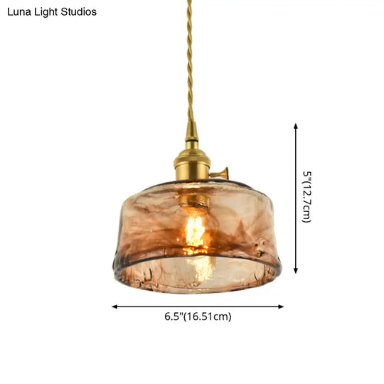 Brass Shaded Drop Pendant Vintage Handmade Tan Glass 1-Bulb Living Room Pendulum Light