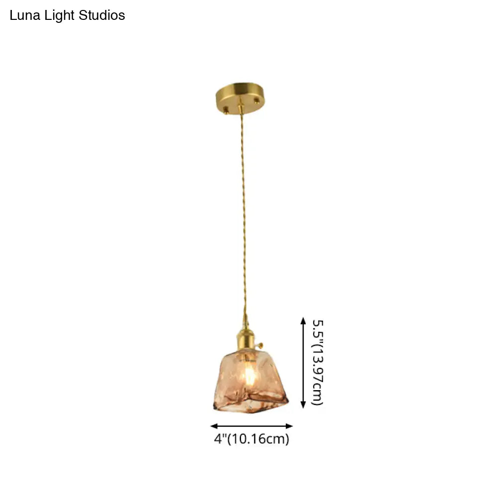 Brass Shaded Drop Pendant Vintage Handmade Tan Glass 1-Bulb Living Room Pendulum Light