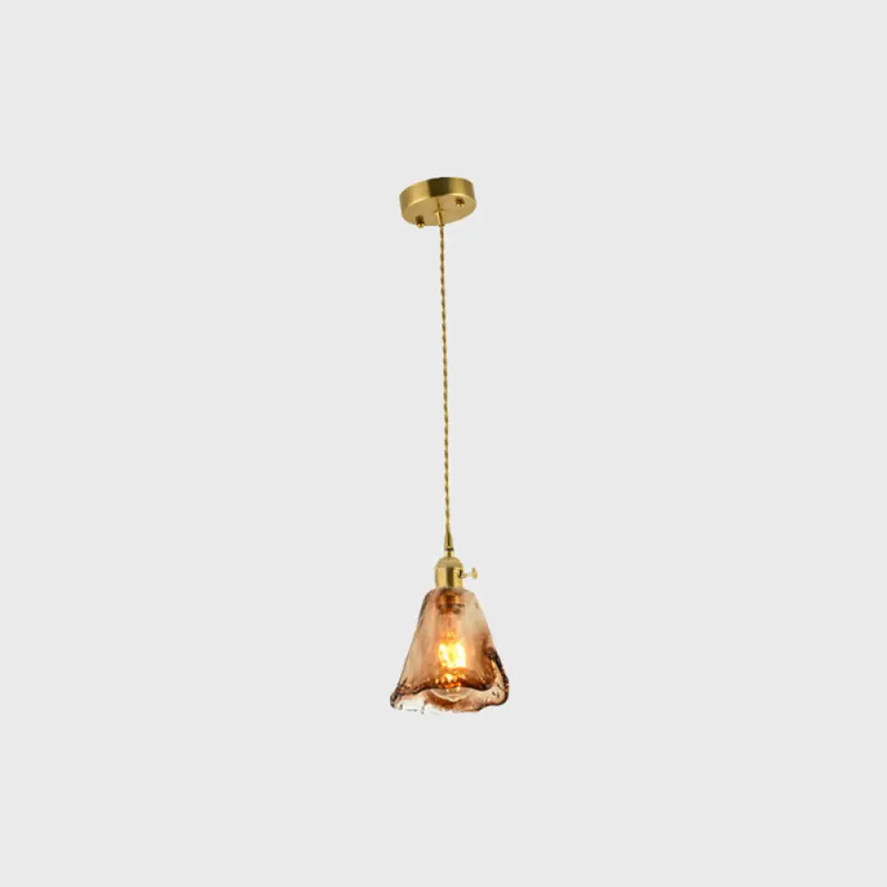 Brass Shaded Drop Pendant Vintage Handmade Tan Glass 1-Bulb Living Room Pendulum Light / Cone