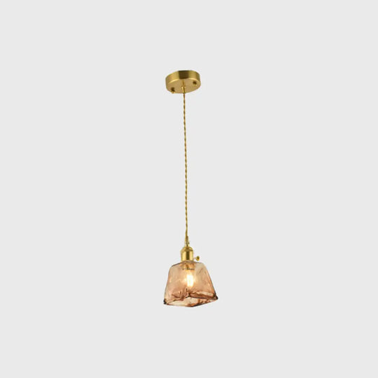 Brass Shaded Drop Pendant Vintage Handmade Tan Glass 1-Bulb Living Room Pendulum Light / Trapezoid