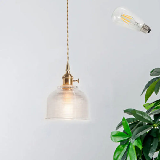 Brass Shaded Textured Glass Pendant Light - Antique 1-Light Fixture For Restaurants / E