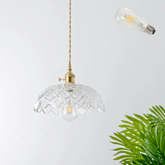 Brass Shaded Textured Glass Pendant Light - Antique 1-Light Fixture For Restaurants / F